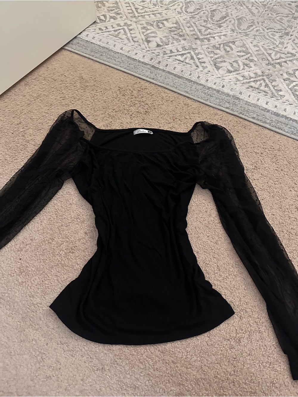 Black Mesh Sleeve Square Neck Women's Top
